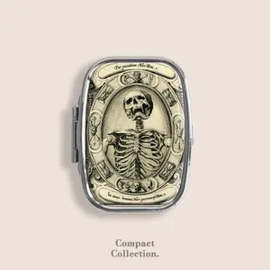 Memento Mori Death Skeleton Skull Goth Small Pill Box Pill Organiser Ring Trinket Stash Medicine Vitamins Gum Tic Tacs Mint Metal Pill Bottle Case Dispenser Holder Travel Size gifts for girl For Boyfriend under 100 dollars