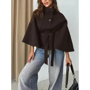 Women's Minimalist Woven Woolen Cape Coat - Plain Front Buckle Belted Loose Outerwear with Adjustable Knot, Stylish Tops for Fall & Winter Daily Wear, Button-Accented Women's Clothes for Dating Outfits,summervibes