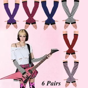 6 Pairs Women Long Fingerless Gloves Knitted Striped Elastic Gloves Warmer Thumb Hole Stretchy Gloves Fashion Accessories