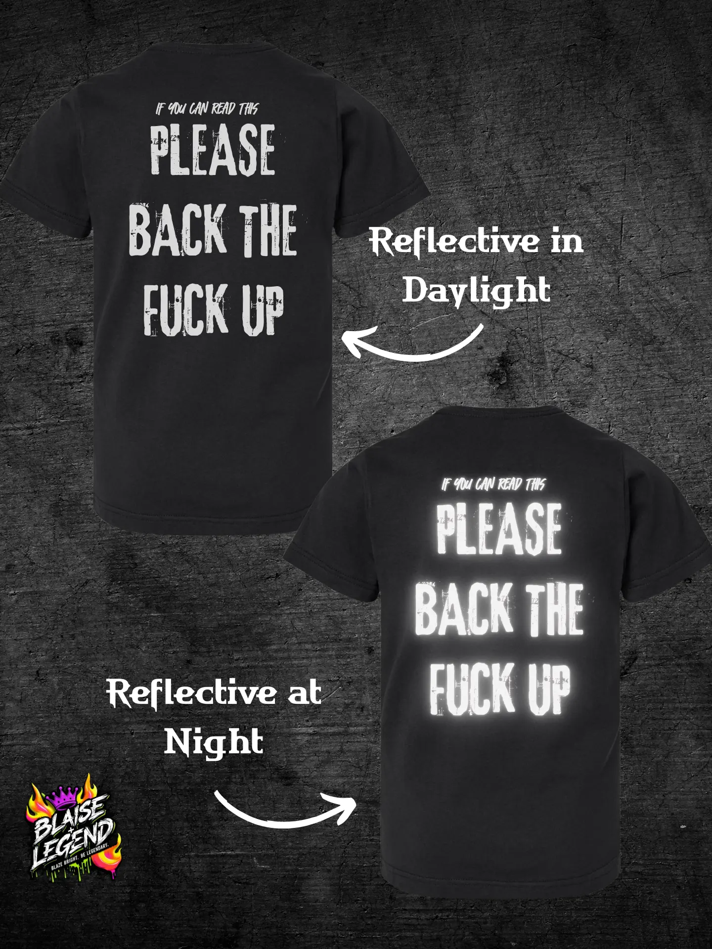 Blaise Legend Co. Blaise Legend Please Back The F* Up Reflective T-Shirt - Motorcycle Safety Graphic Tee | Rider Visibility Shirt - Casual Unisex Fit in Neon Green, Yellow, Pink & Black