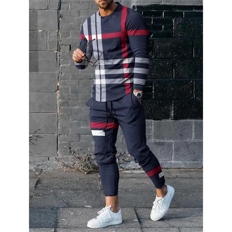 Male 2-Piece Cotton Digital Printing Loose Casual Temperament Long-Sleeved T-Shirt & Trousers Tracksuit Set, XXS-5XL, Sport Fitness Sports Outerwear Apparel, T-Shirts, Light And Casual, Loose-Fitting, Pants, Spring, S