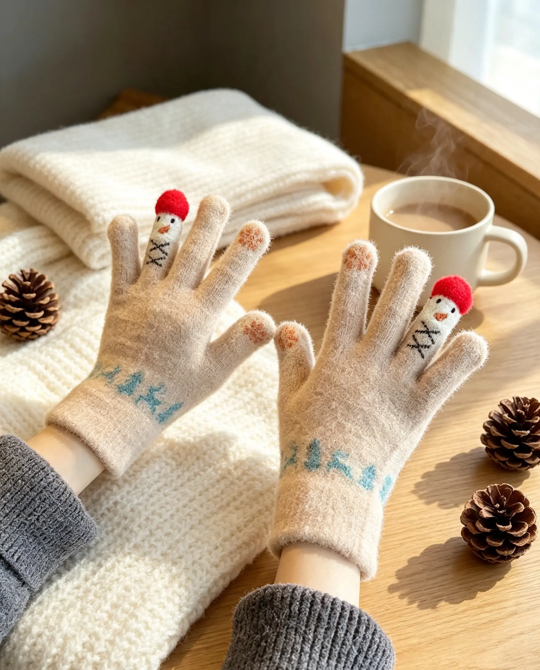 Women's 4-Pair Thermal Knit Gloves - Cute Cartoon Bear & Snowman Design, Fleece-Lined, Touchscreen-Compatible, Windproof, Warm, Ideal for Winter Cycling Sports & Outdoor Use