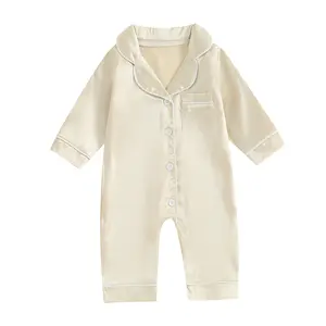 Newborn Baby Girl Boy  Pajama Romper Sleep Jumpsuit Silk Satin Long Sleeve Button Down Pjs Sleepwear