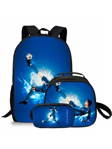 Football pattern printed 17-inch Backpack for School three-piece set (single-layer backpack + round lunch bag with shoulder strap + single-layer pencil case) Soccer Pattern Backpack