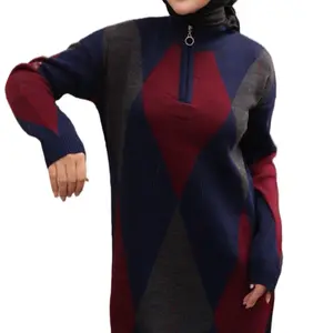 Elegant Argyle Knit Abaya Red & Navy Pattern with Zipper Closure and Long Sleeves for Women