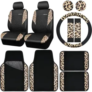 Leopard Print Faux Leather Car Seat Covers &amp; Leopard Car Mats &amp; Leopard Steering Wheel Cover Seat Belt Pad Universal Leopard Car Accessories for SUV,Van,Saden,Truck Automobile Interior Sets