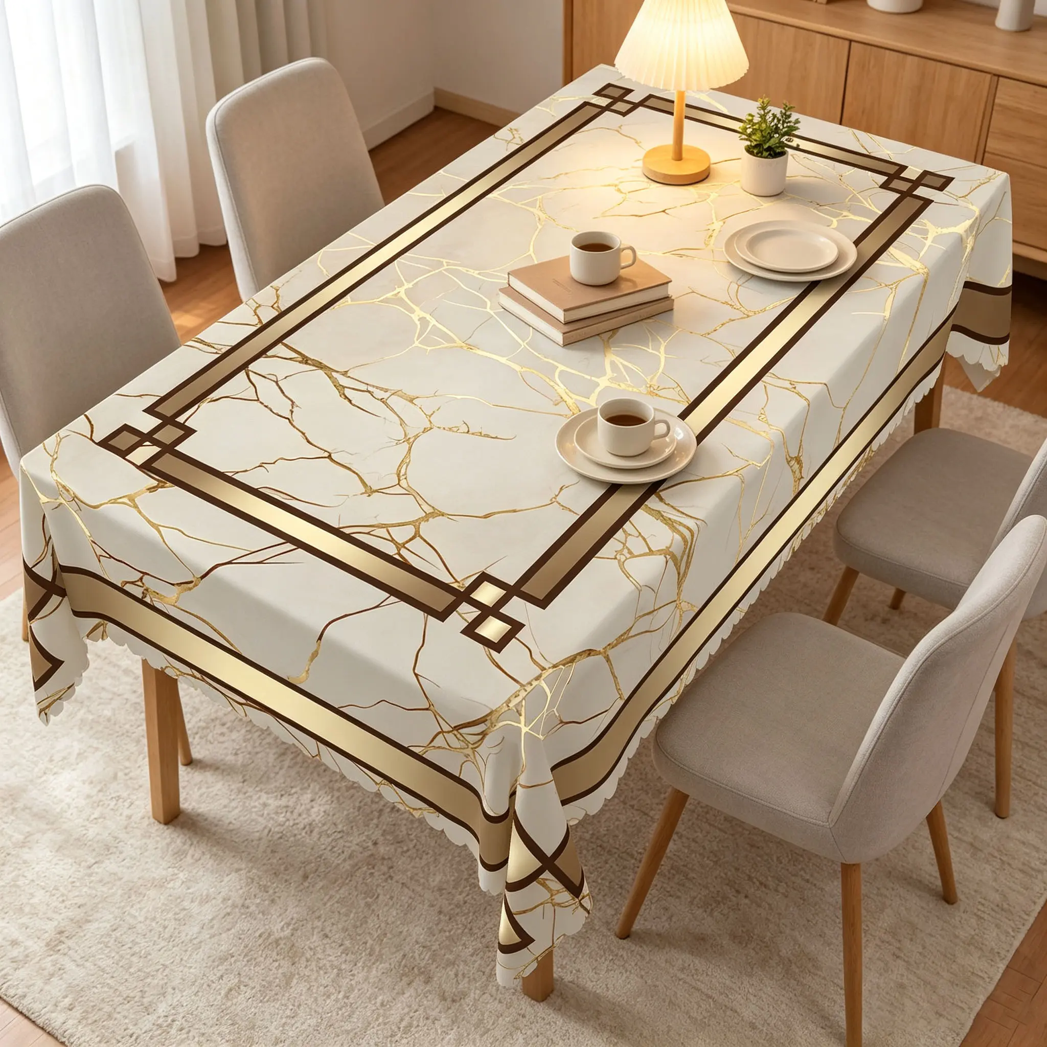 Elegant Gold Marble Tablecloth, Modern Geometric Border Rectangular Table Cover, Cream White Decorative Dining Table Cloth for Kitchen, Dinner, Party & Home Decor
