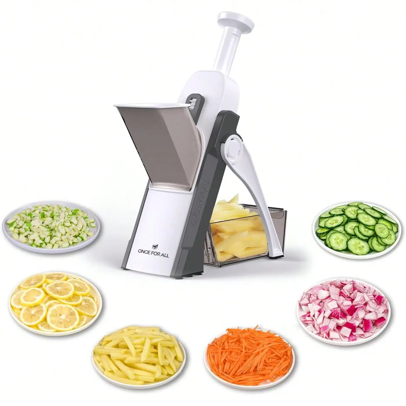 ONCE FOR ALL Safe Blade 5-in-1 Mandoline Slicer with Stainless Steel Blade - Kitchen Utensil, Vegetable Chopper, Potato Cutter, Julienne Dicer Strips, 0.1-8 mm Adjustable Thickness, Versatile for Smooth Fast Meal Prep (Gray)