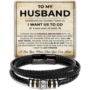 To My Husband Bracelet From Wife, Gifts For Husbands Leather Braided Love You Forever Bracelet, Wedding Valentine Christmas Birthday  For Husband With Message Card And Box