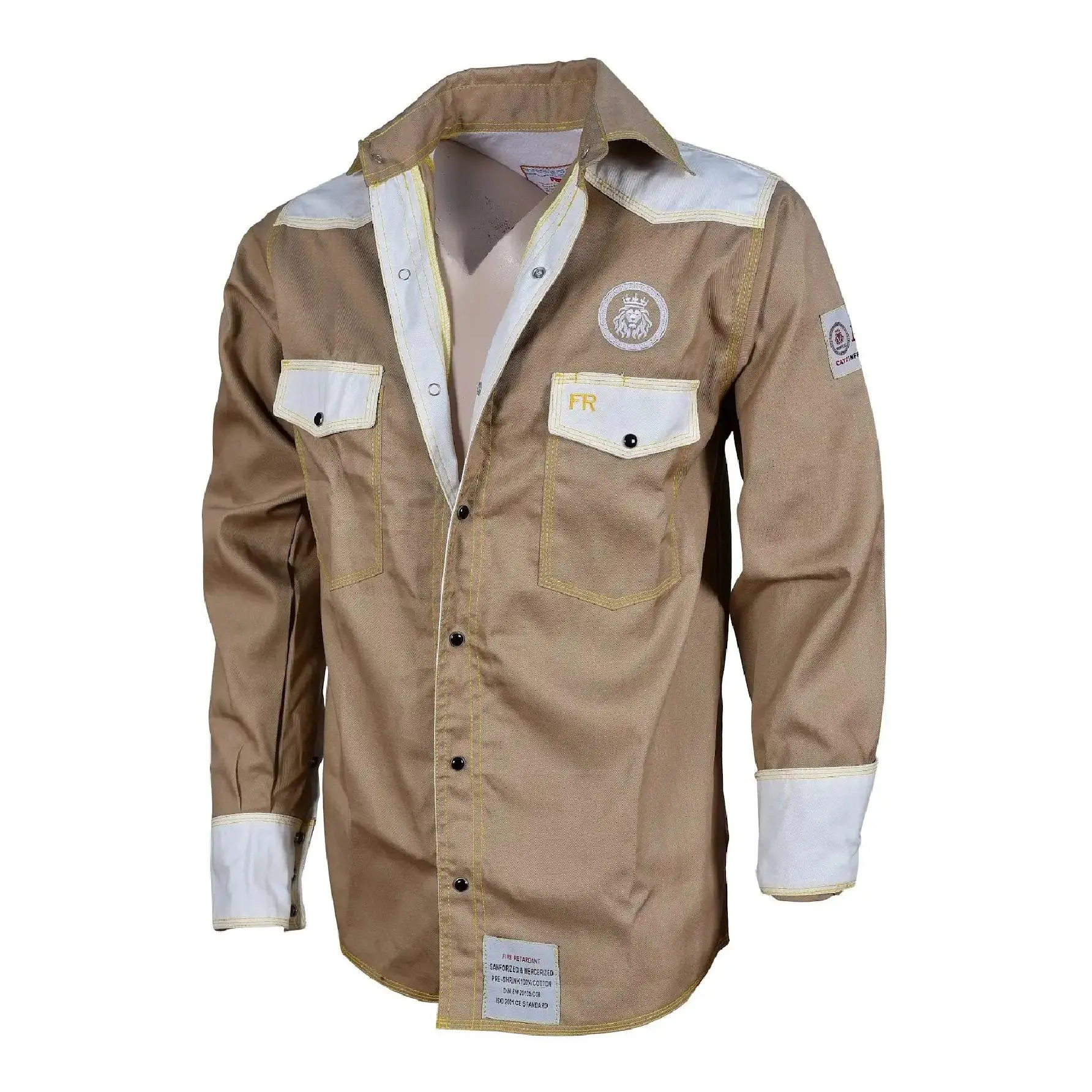 Men's Thermal FR Workwear Uniform Shirt - Khaki and White Combination Fabric