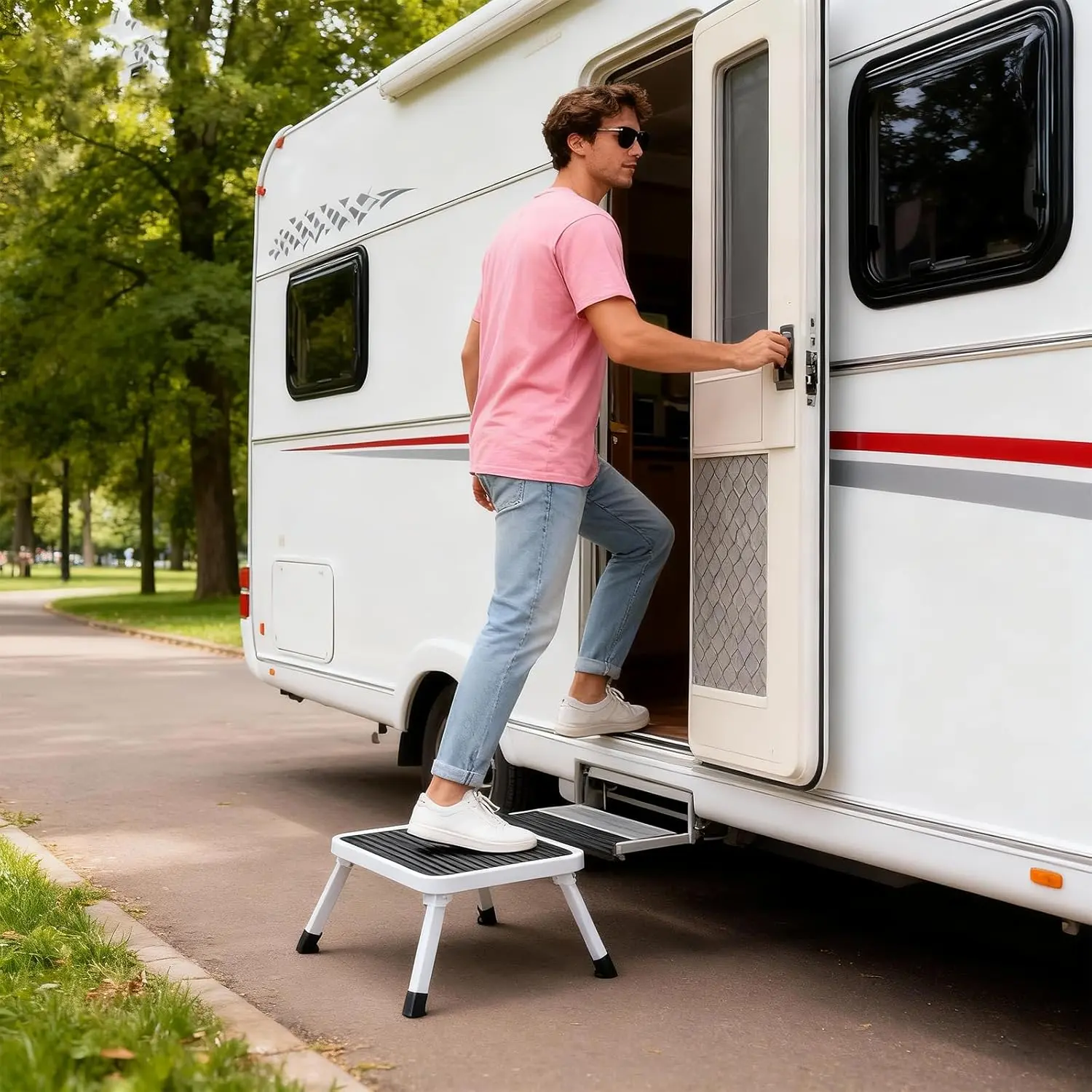 Portable Heavy-Duty Camping Step Stool, 330 lbs Capacity, Foldable Metal Stool with Anti-Slip Rubber Feet & Wide Platform for RV, Outdoor & Overlanding Gear