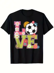 Teen Boys & Girls Soccer Charity T-Shirt - Black Background with LOVE Lettering & Floral Accents - Soft Breathable Shirt for Soccer Training, Matches, Casual Attire - Youth Sports Apparel Gift for Teens - Regular Fit Short Sleeve Tee, Soccer Jersey