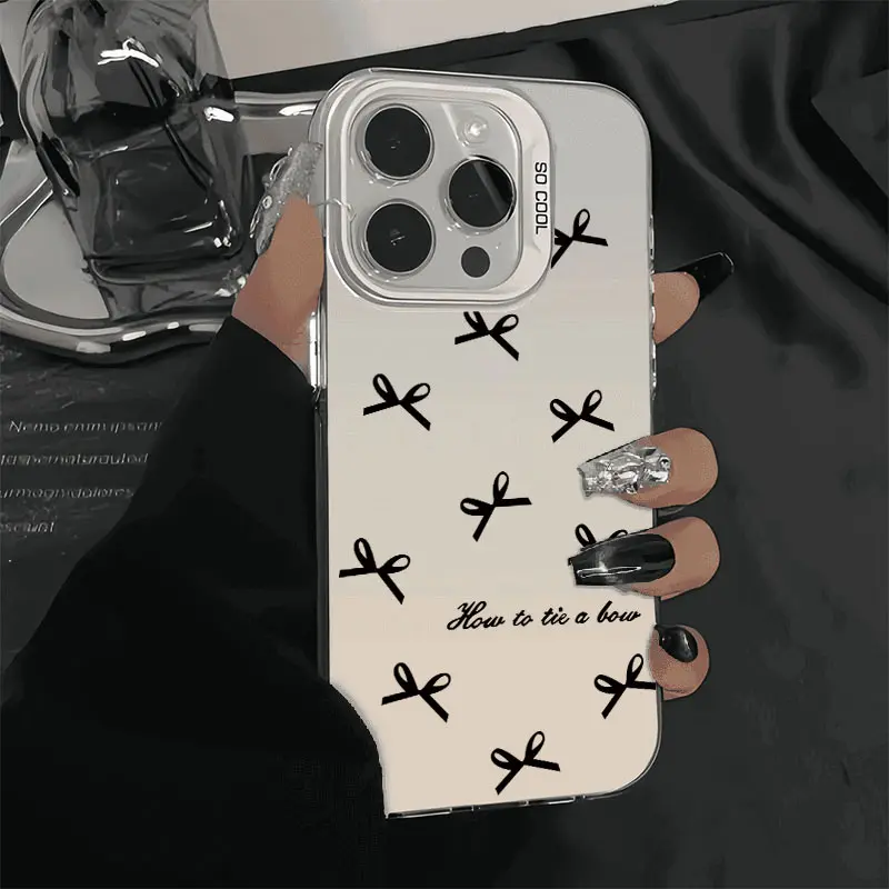 Simple Black Bow Tie Shockproof Phone Case for IPhone X Xsmax 11 12 13 14 15 16 Pro Max Plus 16e Protecitved Cover Affordable Anti-Fall Vintage Premium Sitka Protection Protective Shell Silicone