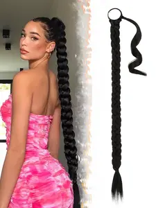 30 Inch Long Braided Ponytail Extension with Hair Tie - Straight Sleek Wrap Around Hair Extensions Braid Pony Tail Fluffy Natural Soft Synthetic Hairpieces Solid Braid Design for Women Daily Wear