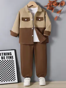 Boys' Colorblock Shirt Set, Casual Set, Clothing Set, Patchwork Design, Simple Style Comfortable Fabric, Perfect for Daily Wear