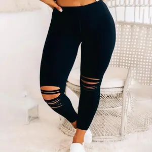 High-Waisted Ripped Leggings - Stretchy, Breathable Fabric for Workout and Casual Wear - Women's Fashion Womenswear Blue