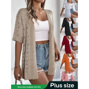 [Plus Size] Solid Lace Hole Design Cardigan, Casual Open Front Short Sleeve Knitwear for Daily Wear, Women's Plus Clothing for All Seasons, Tops, Knitting Sweater Cardigan