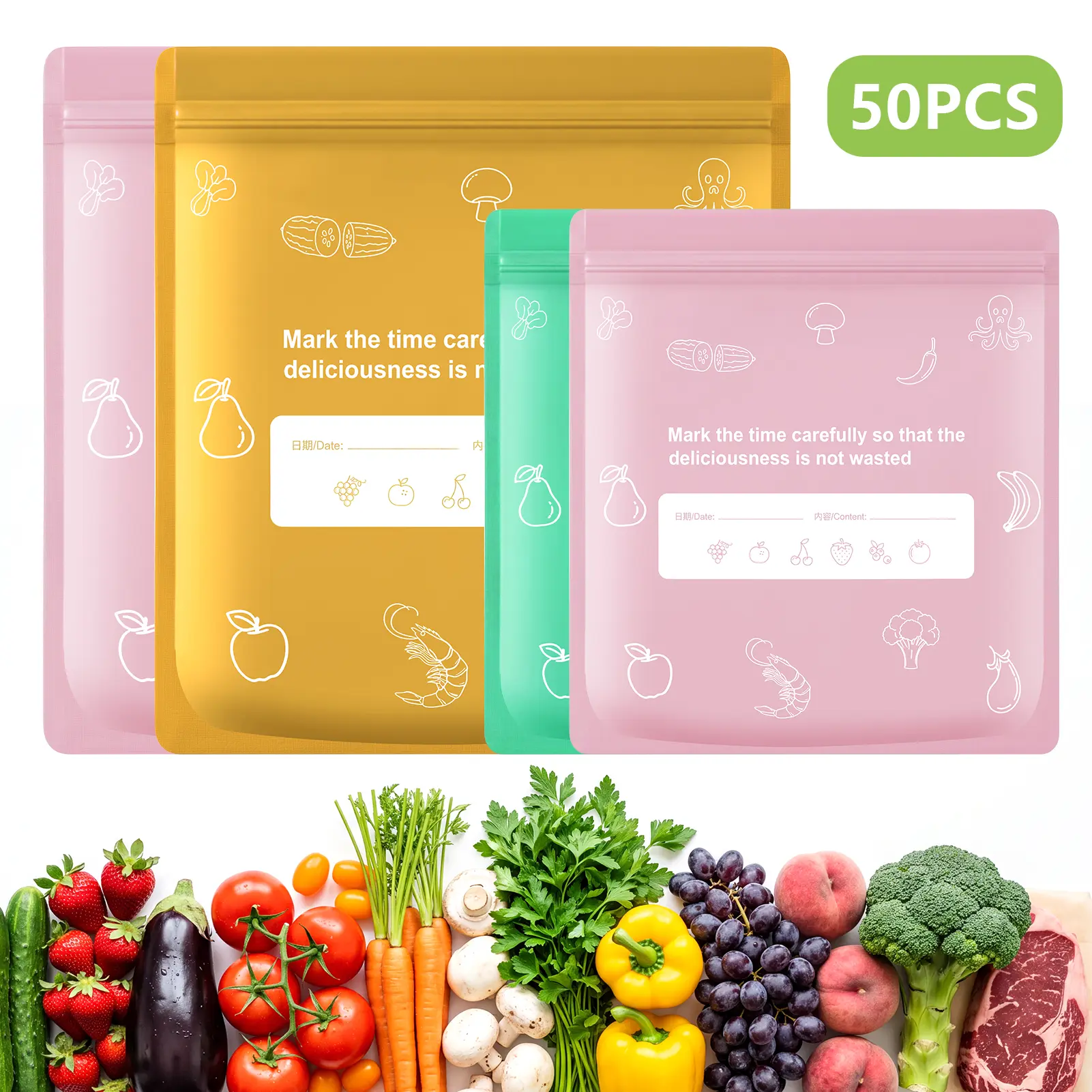 50Pcs Reusable Aluminum Foil Sealable Storage Bags, 2026 New Resealable Vacuum Zipper Pouches for Food, Stand Up Foil Sealable Bags with Label and Zip Lock for Vegetable