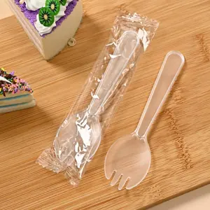 100PCS Disposable Sporks, Individually Wrappe Durable Plastic Spork, 2 in 1 Forks and Spoons for Lunch, Picnics or Restaurant and Party Supply (Clear)