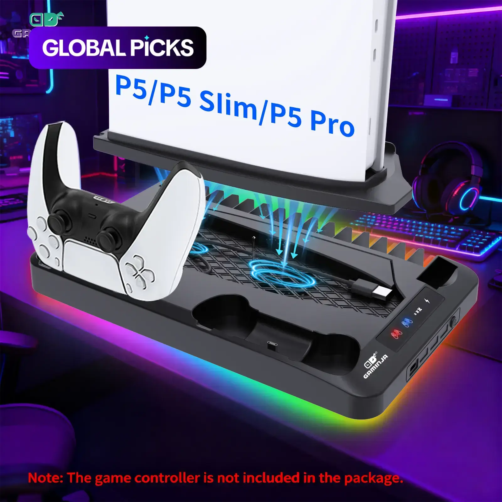 P58 Rechargeable Multi-Functional PS5 Charging Base with Cooling Fan, Vertical Stand, Protection, Port, Screw-Locked Hold & Handle Connection - Gamer Stuff for All PS5 Models (Slim, Pro), USB Controller & Remote Accessories