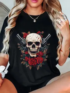 100% Cotton Vintage Guns and Skulls Music Rocks - Skull Face With Roses T-Shirt