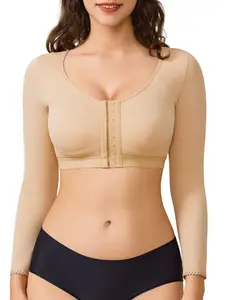 Women's Solid Long Sleeve Shapewear Top, High Stretch Front Buckle Design Shaper, Tummy Control Shapewear for Daily Wear halloween dailydrip comfyessentials wirelessbrareview wirelessbras midsize comfortablebras tiktokshopbacktoschool cleavagebra