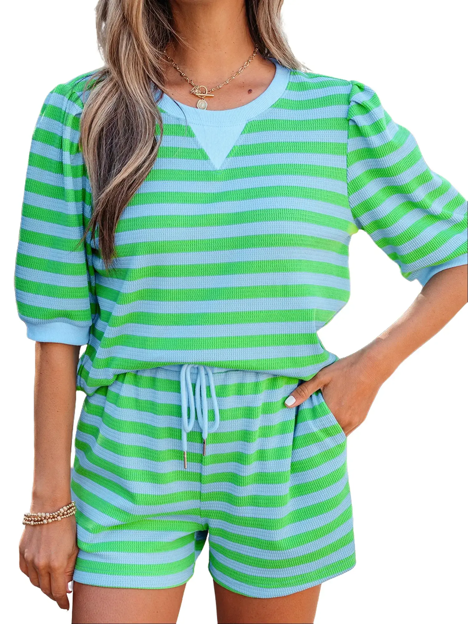 Women's 2-Piece Green Striped Set - Casual Puff Sleeve Top and Drawstring Shorts, Soft Polyester Elastane Lounge Outfit Clothes Fabric