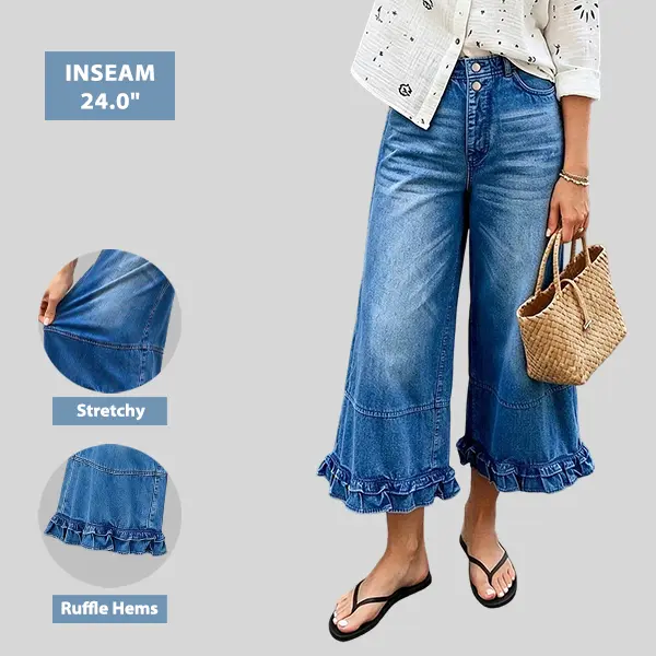 Flamingals Wash Ruffle Hem Dual Button High Rise Wide Leg Crop Jeans Stretchy 24'' Inseam Flamingals Wash Ruffle Hem Dual Button High Rise Wide Leg Crop Jeans Stretchy 24'' Inseam