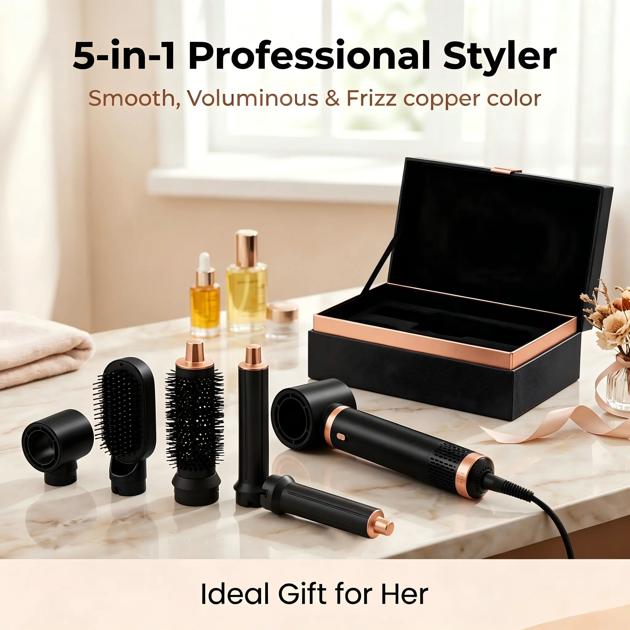 5-in-1 Hot Air Styler: 5 detachable heads, 3 temp modes, auto curl/wave/straight functions. Boosts hair volume, eliminates frizz. Ideal gift for Valentine’s, Epiphany, Carnival, St. Patrick’s & Presidents’ Day for home, travel, date nights and parties.