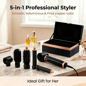 5-in-1 Hot Air Styler: 5 detachable heads, 3 temp modes, auto curl/wave/straight functions. Boosts hair volume, eliminates frizz. Ideal gift for Valentine’s, Epiphany, Carnival, St. Patrick’s & Presidents’ Day for home, travel, date nights and parties.