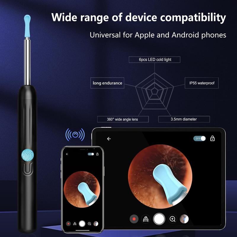 1080P Ear Wax Removal Kit with Camera & 6 LED Lights 8 Ear Picks Compatible with iPhone Android iPad Black Ear Care Solution