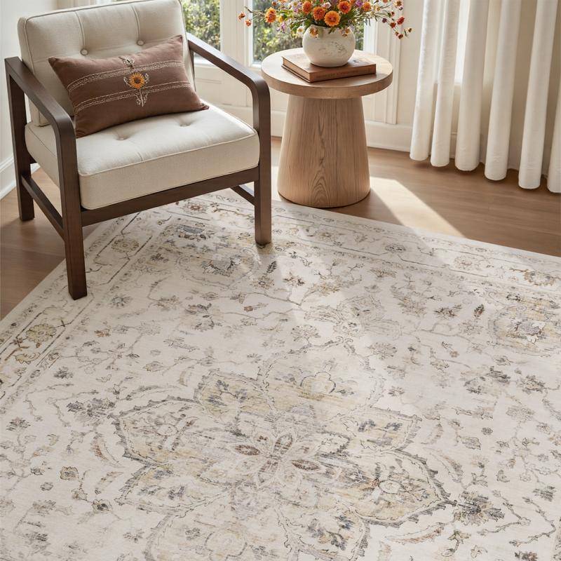 MontVoo Vintage Medallion Rug, Retro Distressed Design, Washable Non-Slip Area Rug, Farmhouse Aesthetic Home Decor for Living Room, Bedroom