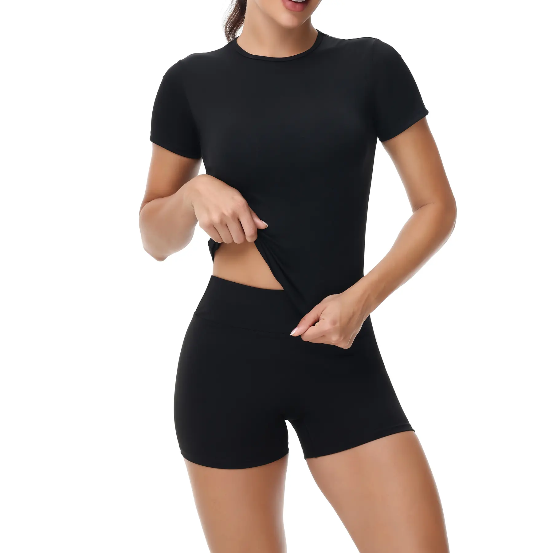 Women's Fitness Outfit Set - 2 Pcs Tight Breathable QuickDrying Yoga Clothes Summer Outdoor Round Neck RunningSportswear Set