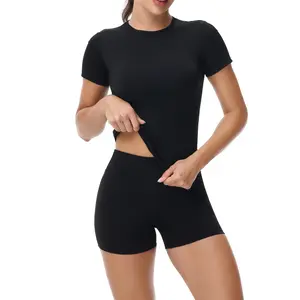 Women's Fitness Outfit Set - 2 Pcs Tight Breathable QuickDrying Yoga Clothes Summer Outdoor Round Neck RunningSportswear Set