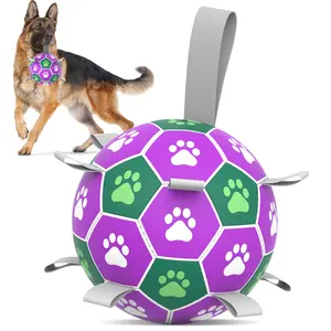 Interactive Dog Soccer Ball with Built in Nylon Straps, Dog Soccer Ball with Inflatable Pump, Dog Toys for Indoor Outdoor, Indoor Training Ball