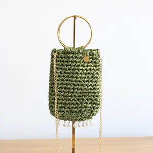 Lime Green Molly Bag - Elegant Crochet Handbag with Detachable Gold Chain - Crochet Purse with Pearl Details