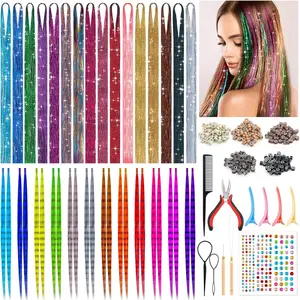 Hair Tinsel Kit with Tools, 16 Colors 3200 Strands Tinsel Hair & 12 Colors Hair Feathers, Heat Resistant Shiny Fairy Hair Tinsel Extensions for Women Girls Hair Accessories for Cosplay Party ROADPLUM