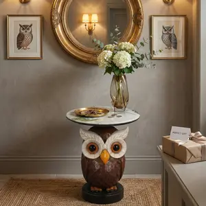 Owl Accent Table Animal Statue End Tables Livingroom,Realistic Sculpture Faux Marble Top Durable Resin Construction Artistic Decorative Piece