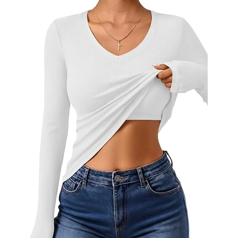 Womens Long Sleeve Built in Bra Tops V Neck Slim Fitted T Shirts