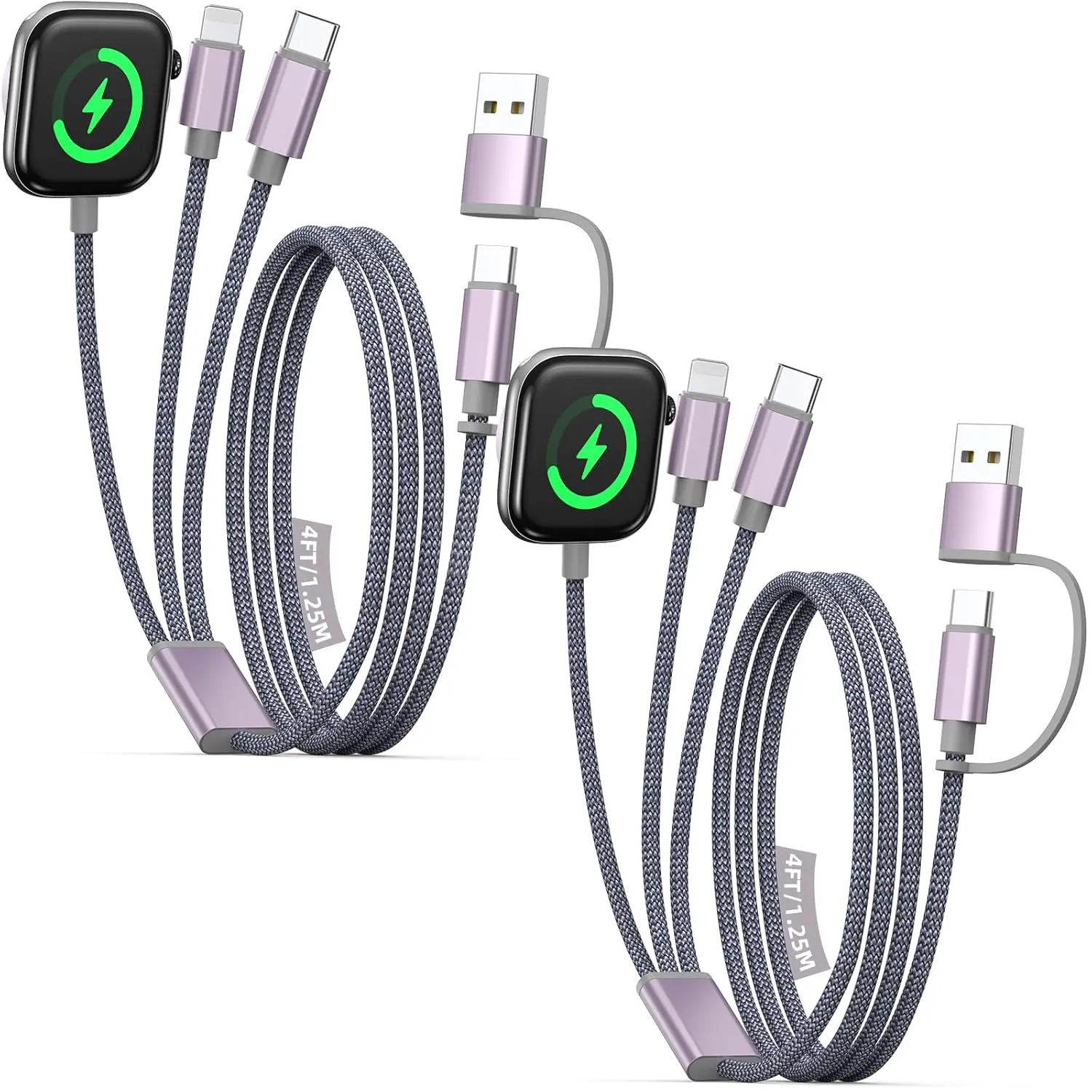 2Pack Multi Charging Cable Cord for Travel Essentials,Apple Watch Charger,iPhone Charger,[3-in-2] Type C/L Cable Portable Designed for iWatch,iPhone 17-8,Galaxy S26-21,Xbox Series X&S,iPad-4FT