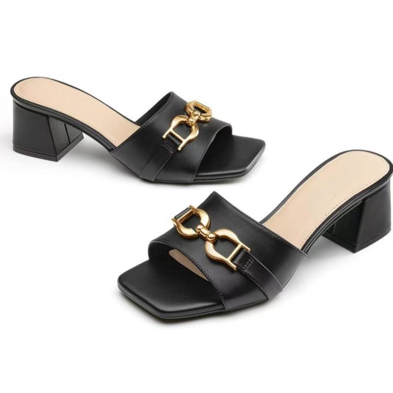 Women's Raffia Heeled Sandals Square Open Toe Slip On Mules Chunky Block Heels with Metal Chain for Summer Vacation