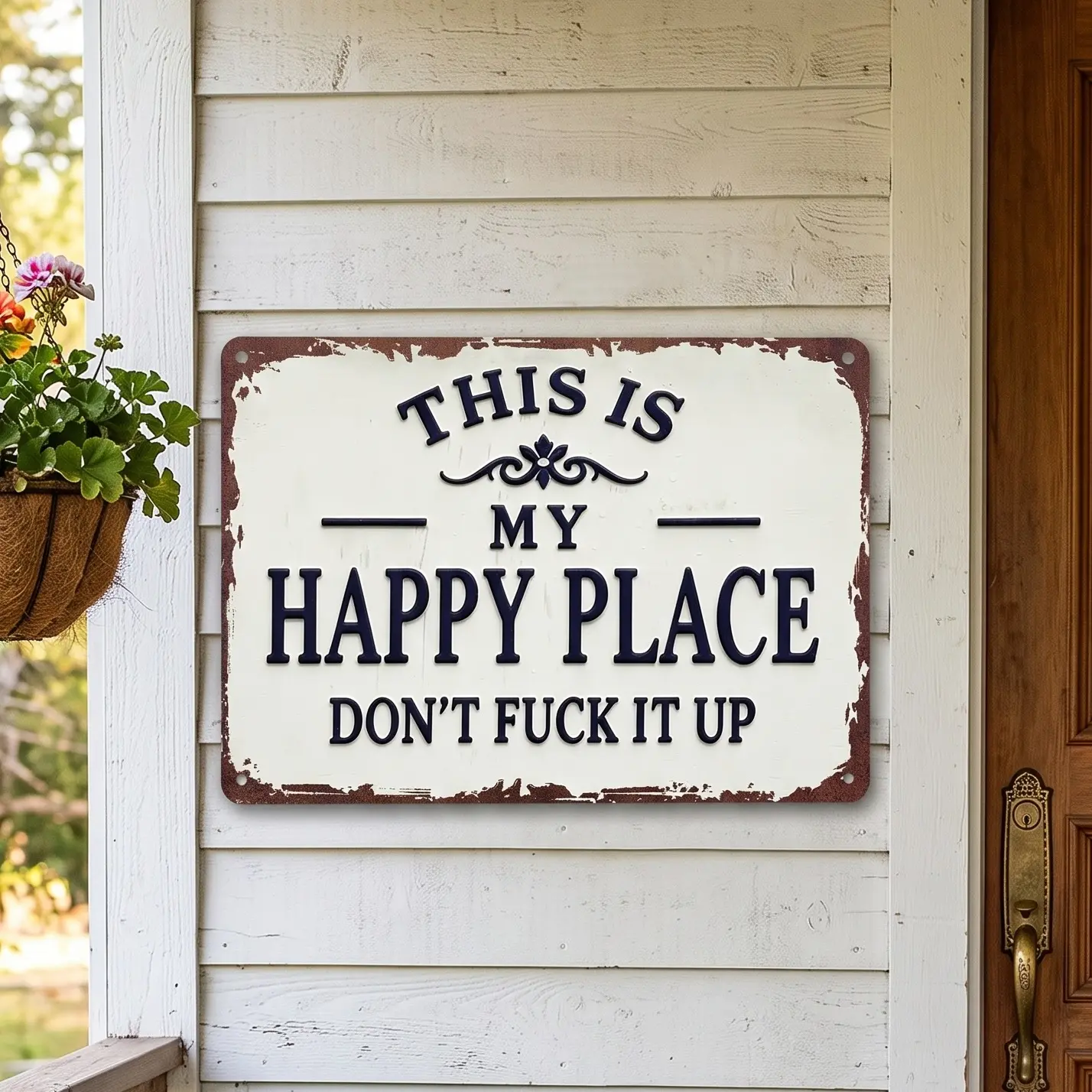 Funny Garden Metal Sign, "This Is My Happy Place Don't Fuck It Up" Metal Sign, 8x12 Inch Aluminum Wall Art, Funny Rustic Style for Garden Farm Office Bedroom Kitchen Dining or Bar Decor (Horizontal)