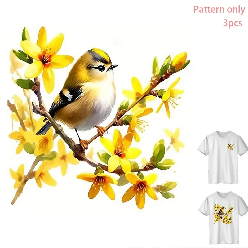 DIY T-Shirt Heat Transfer Vinyl, Yellow Bird and Flower Design, Durable PVC Material, Machine Washable, Pattern Only