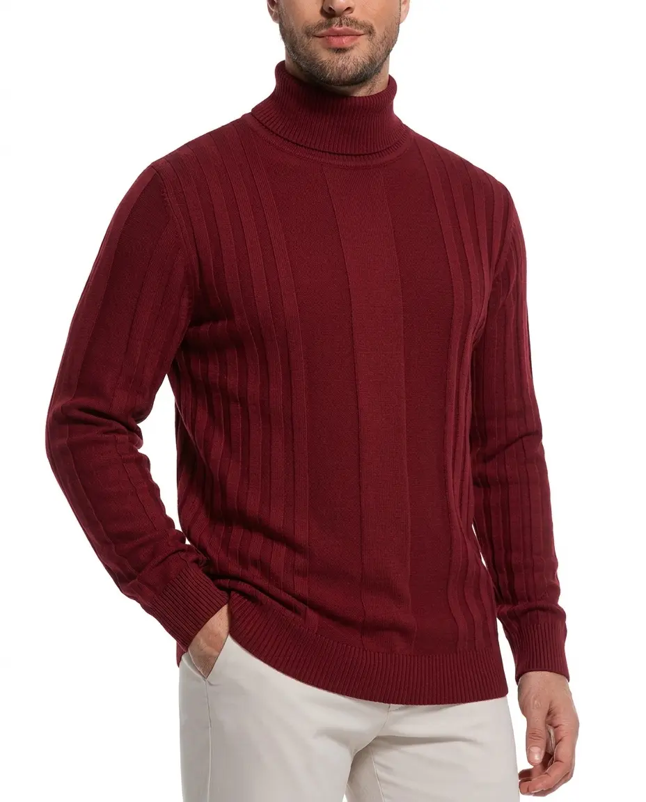 Men's High-Neck Knitted Pullover - Longsleeves, Casual Warm Solid-Color Stretch Turtle Neck Top for Autumn Winter, Red Beige Knitwear Menswear, High Neck Men's Pullover