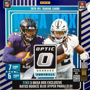 Panini 2025 NFL Trading Cards Mega Box Optic Donruss Football 6 Packs 7 Cards Per Box Find 3 Exclusive Rated Rookie Blue Hyper Parallels