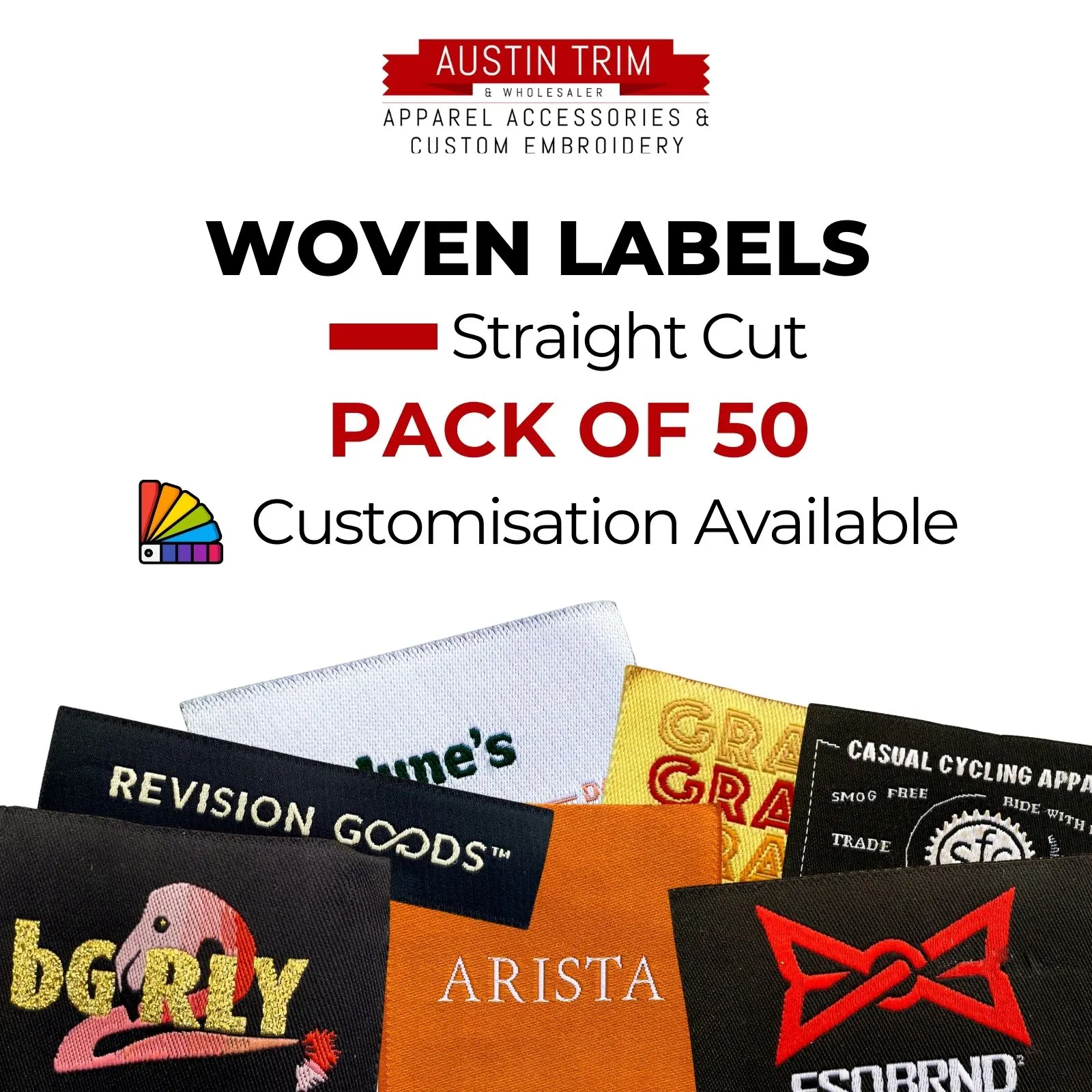Personalized Woven Sewing Labels 50-Pack Wholesale Straight Cut By Austintrim, 2 x 1 Size