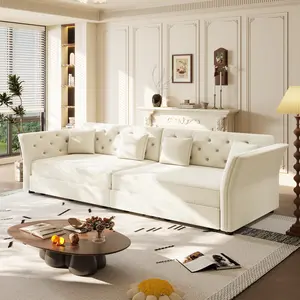 SZLIZCCC 100" Oversized Pull-Out Sofa Bed – Convertible Sleeper with Handmade Floral Tufted Design, Multi-Functional Velvet Loveseat for Living Room, Bedroom & Apartment, Beige/White​ Upholstered Sofa Couch