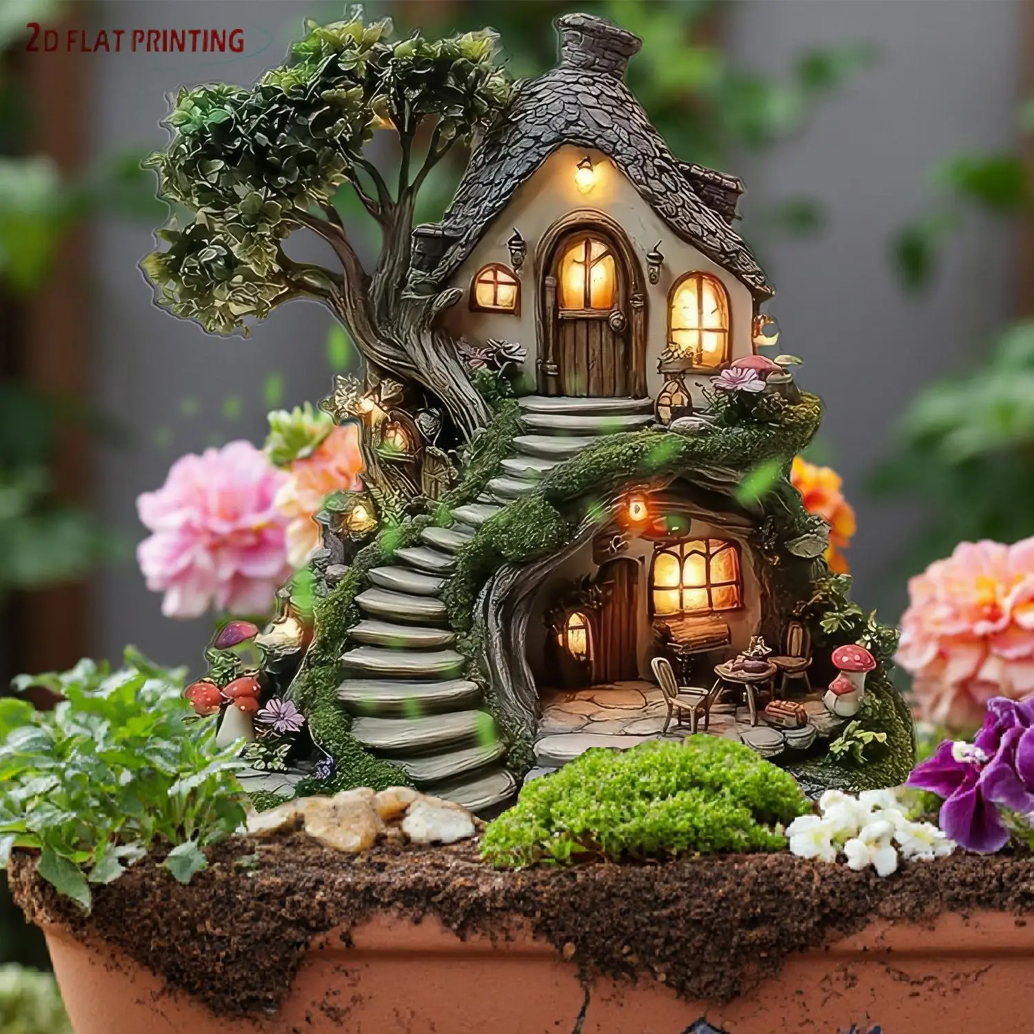 Fairy Tree House & Flowers Design Garden Decoration, 2D Acrylic Yard Art Garden Accessories, Enchanted Garden Decor for Anniversaries & Royal Celebrat