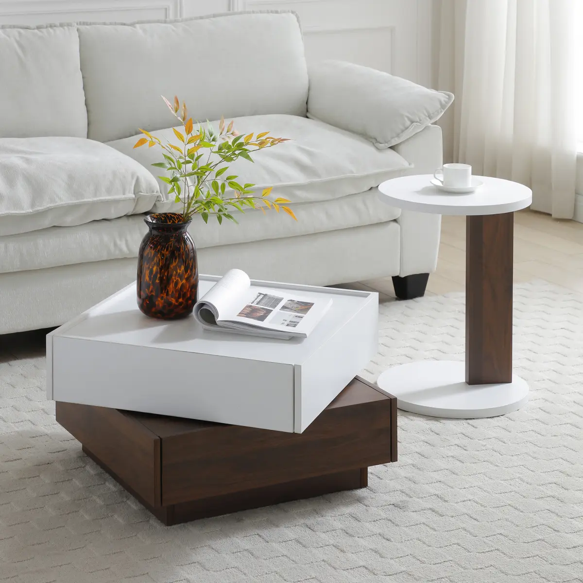 Sliding Top Coffee Table with 2 Hidden Compartments & 2 Drawers, Particle Board & MDF Table with Smooth Sliding Rails, Spacious Storage Modern Accent Table for Living Room Bedroom