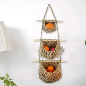 Hanging Fruit Basket 3 Tier Hand Woven Jute | Door Storage Box | Decorative Wall Organizer | Cotton Material | Large Capacity | White Coffee | 31.5x12.99in